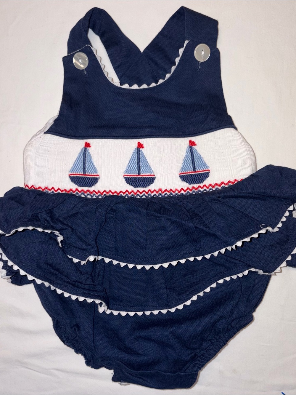 Anavini Hand Smocked Sailboat Ruffled Bubble Romper sz 9 months Like New